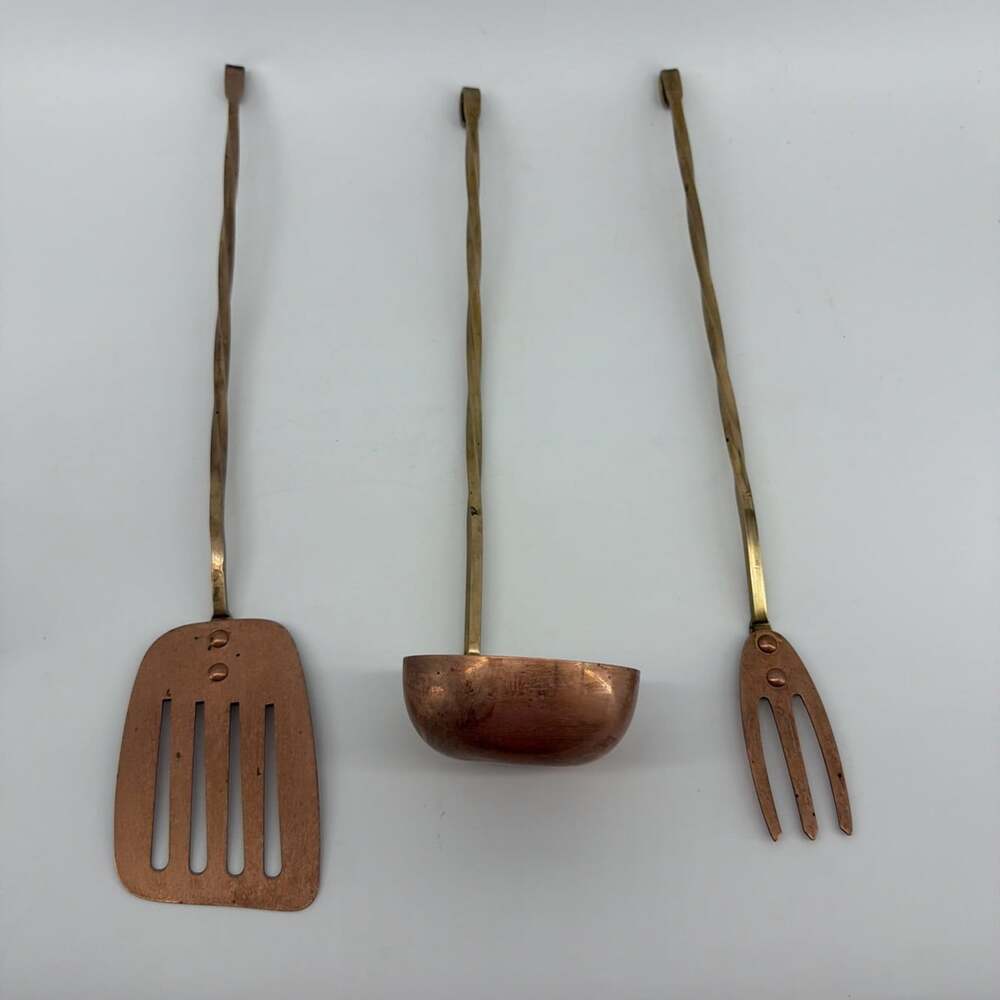 VTG Hanging Cooking Utensil Set/3 Copper and Twisted Brass Spatula Ladle Fork